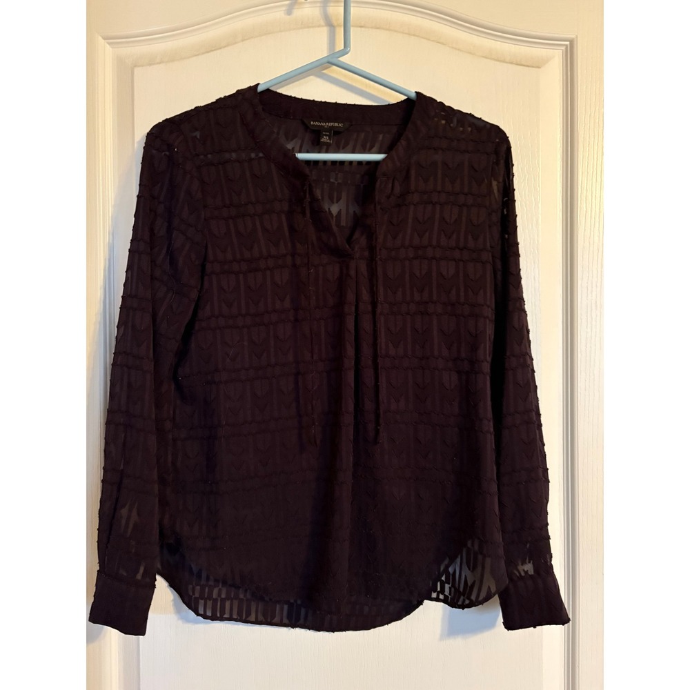 Banana Republic Womens XS Petite Sheer Geometric Burnout Blouse Plum Burgundy